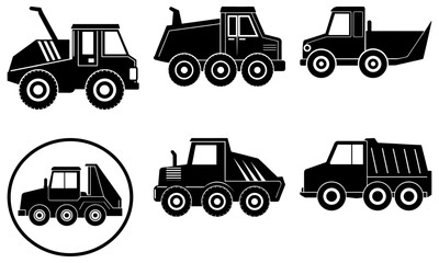 Set of five construction trucks in black silhouette on white background heavy machinery loader