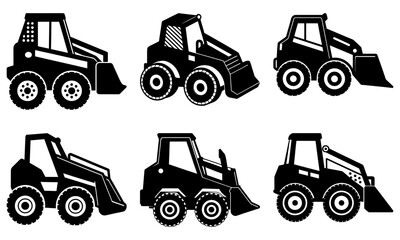 Six Black Silhouette Backhoe Loaders on White Background construction vehicle machinery