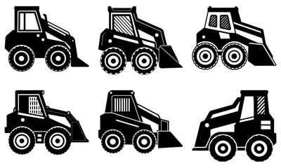 Six Black and White Backhoe Loaders on Transparent Background construction equipment heavy machinery