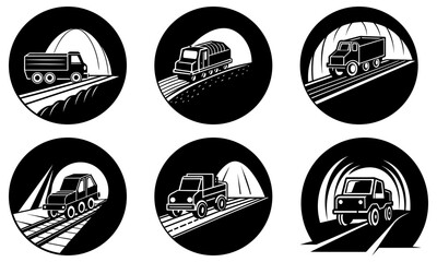 Six Trucks on Rails in Circular Frames with Transparent Background transportation vehicles