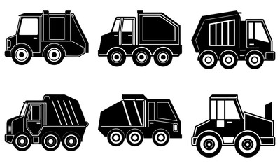 Six Different Garbage Trucks in Black and White Silhouette on White Background waste truck recycling truck