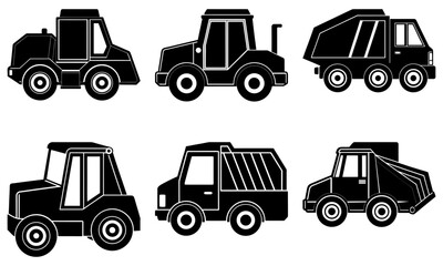 Six Black Construction Vehicles Silhouettes on White Background black silhouettes bulldozer