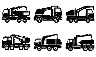 Six Black Tow Trucks with Cranes on White Background
