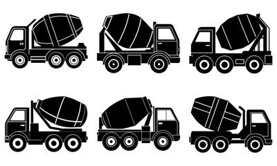 Six black and white concrete mixer trucks with transparent background construction vehicle six trucks