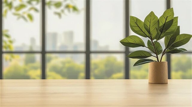 Indoor plant with green leaves pot wooden table near window with blurred cityscape creating calm natural indoor atmosphere and light wood background