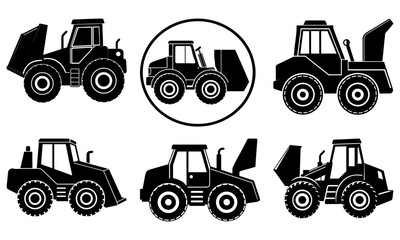 Five Black Tractor Silhouettes with One in a Circle on White Background