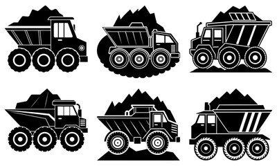 Six Black and White Dump Truck Silhouettes on White Background construction vehicle