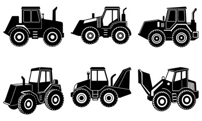 Six Black Tractor Silhouettes with Various Attachments on White Background