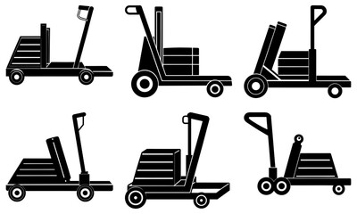 Six Black Forklifts Lifting Crates on a White Background industrial