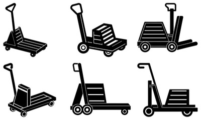 Six Black and White Pallet Jacks and Hand Trucks with Boxes on White Background transportation warehouse
