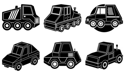 Black Construction Trucks Silhouettes on White Background vehicles
