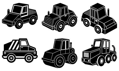 Six Black and White Construction Vehicle Silhouettes on White Background vehicles truck