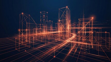Smart city technology with digital infrastructure network,urban planning innovation and futuristic grid system for connected architecture visualization