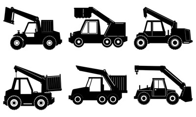 Six Black Construction Trucks with Cranes on White Background silhouette