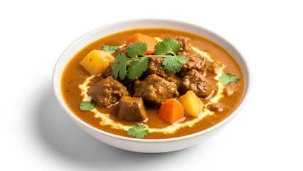 Hearty bowl of curry with meat and vegetables garnished with herbs