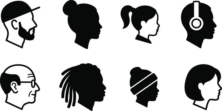 Diverse people profile silhouettes, human head avatars, man woman child faces side view, user portrait icons, community group symbols, audience character.