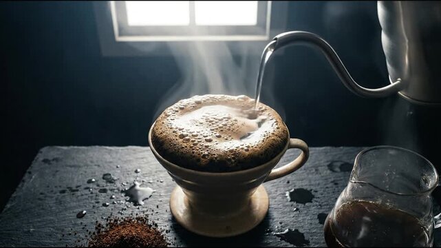 Hot water streams from a metal kettle into a ceramic dripper creating frothy coffee grounds and steam on a dark surface with liquid spills