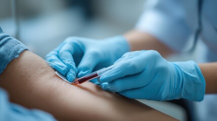 Nurse drawing blood sample from patient arm with vacuum tube, medical laboratory test procedure in hospital clinic