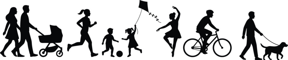 People silhouettes performing outdoor activities, family walking with stroller, woman jogging, kids playing, girl flying kite, ballerina, cyclist, man walking dog, © Arman Creative