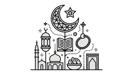 Fototapeta premium Ramadan Icon Set: A minimalistic illustration depicts the spirit of Ramadan, showcasing key cultural and religious symbols in elegant lines. 
