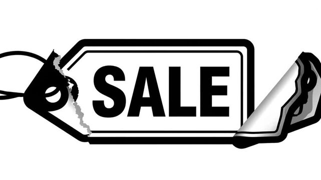 Black and white sale label with torn edges and hanging string.