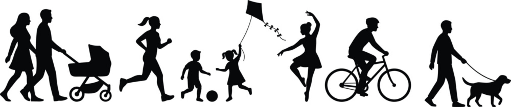 People silhouettes performing outdoor activities, family walking with stroller, woman jogging, kids playing, girl flying kite, ballerina, cyclist, man walking dog,