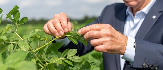 Business person examines soybean plant leaves in a field with dream written at the bottom right side capturing nature's potential