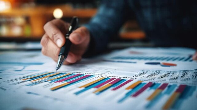 Medium shot of a professional assembling quarterly financial statements at a desk reviewing charts and spreadsheets for accuracy and insights.