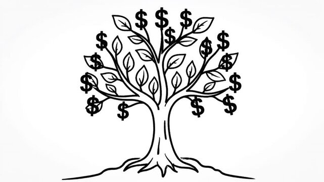Simple black and white illustration of a tree with dollar signs as fruit.