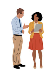 Fototapeta premium Flat minimalist illustration of a man and woman in a professional business meeting, clean modern style, gestures and tablet, transparent background.