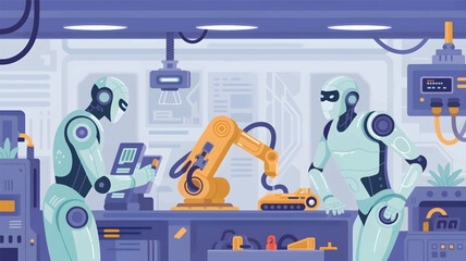 Two robots working with robotic arm in factory industrial manufacturing