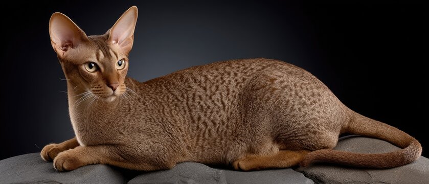 Brown cornish rex cat sits and looks at the camera in studio setting with a plain background capturing its distinct features and relaxed posture