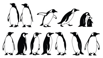 Obraz premium Penguin silhouettes collection, cute Antarctic birds in different poses, black vector illustration set for wildlife, nature, and animal design