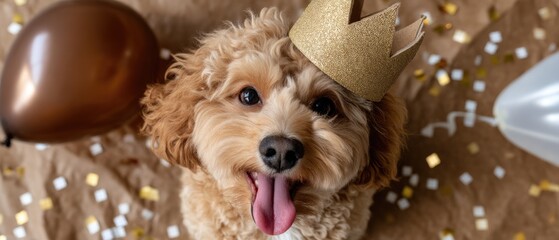 Cute golden doodle in gold crown with tongue out and party confetti falling for dog birthday celebration or pet accessory ads
