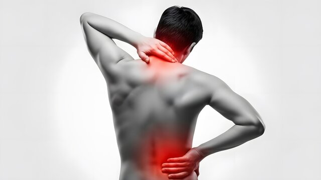 Chronic neck and lower back pain. Physical therapy and orthopedic wellness. Shirtless man with hands on neck and lower back showing red areas of inflammation and muscle strain