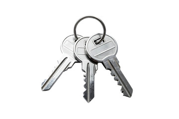 A cluster of three metallic keys showcasing detailed teeth and a connecting ring isolated on transparent background high quality professional modern