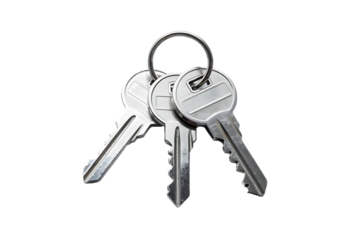 A cluster of three metallic keys showcasing detailed teeth and a connecting ring isolated on transparent background high quality professional modern