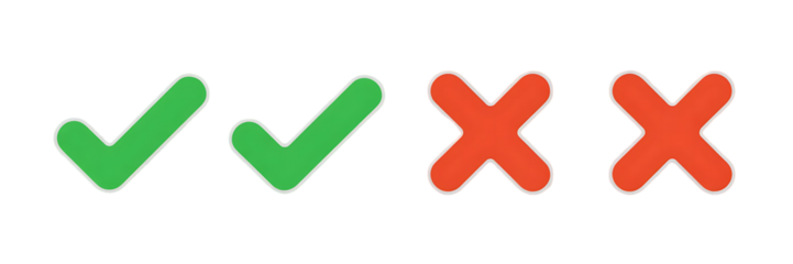 A series of four simple icons depicting check marks and crosses in green and red ideal for use in web design on transparent background