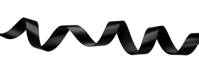 A sleek flowing black ribbon gracefully curves and twists in a dynamic abstract shape ideal for design projects on transparent background