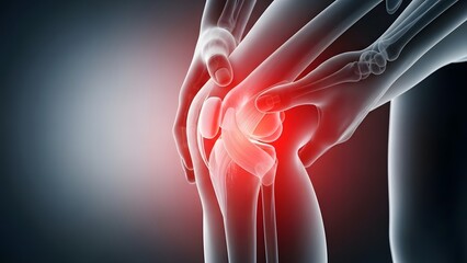 Knee arthritis and joint bone pain. Orthopedic surgery and physical rehabilitation. Hands clutching a painful leg joint with highlighted glowing knee anatomy and bones