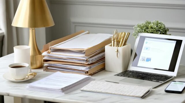 Daytime view of a professional attorneys desk with streamlined file folders digital tools and minimal clutter for efficient work.