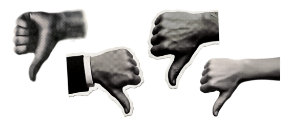A collection of four distinct hand gestures displaying a thumbs down sign isolated and perfect for design use on transparent background
