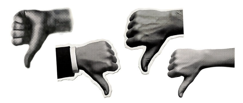 A collection of four distinct hand gestures displaying a thumbs down sign isolated and perfect for design use on transparent background