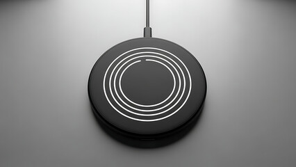 Modern Black Wireless Charging Pad with Glowing Concentric Circles on a Clean Gray Background