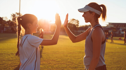 Coach and young athlete giving each other a high five at sunset on a training field, concept of success and teamwork