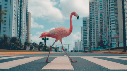 Pink flamingo walking across a pedestrian crossing on a city street with skyscrapers, urban nature and surrealism concept
