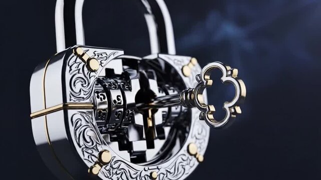 Ornate silver padlock with key inserted against dark background.