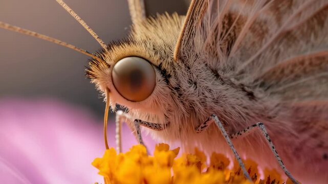 Feeding moth extending proboscis into flower disk after sensing nectar scent, antennae probing