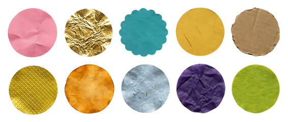 A vibrant collection of ten circular textured backgrounds in various colors and finishes on transparent background high quality professional detailed modern