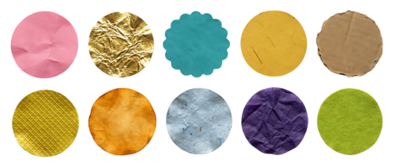 A vibrant collection of ten circular textured backgrounds in various colors and finishes on transparent background high quality professional detailed modern